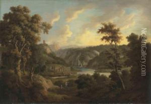 An Extensive Wooded Mountainous River Landscape With Figures On A Track, Shipping Beyond Oil Painting - Alexander Nasmyth