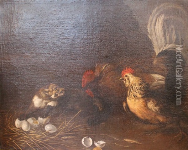 Poules Protegeant Leurs Oeufs Oil Painting - Felice Boselli