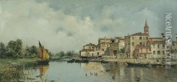 A View Of A Venetian Canal Oil Painting - Antonio Maria de Reyna Manescau