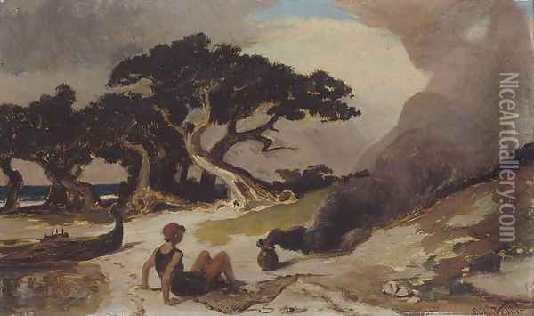 Fisherman and the Genie, c.1863 Oil Painting - Elihu Vedder