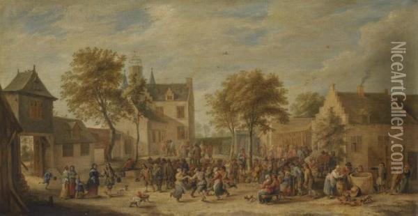 A Kermesse With Villagers Making Merry In A Town Square Oil Painting - David The Younger Teniers
