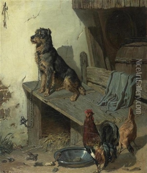 Hofhund Mit Hahn Und Huhn Oil Painting - Friedrich Lossow