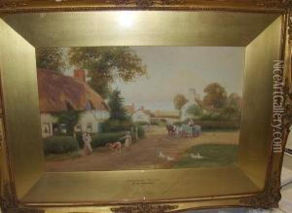 Figures And Livestock By Thatched Cottages At Princethorp, Warwick Oil Painting - Robert Hollands Walker