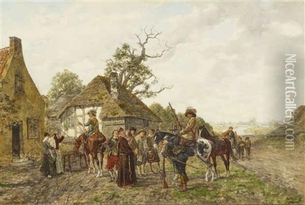 Lansquenets In Front Of The Village Oil Painting - Heinrich Breling