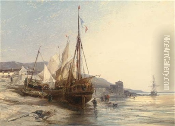 Fishing Boats On The Beach At Low Tide Oil Painting - Louis-Gabriel-Eugene Isabey