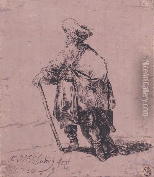An Oriental Figure Holding A Staff Oil Painting - Christian Wilhelm Ernst Dietrich