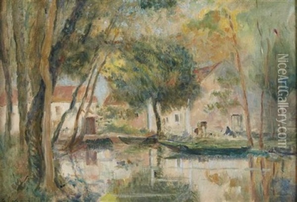 Landscape With River Reflecting The Houses Oil Painting - Albert Lebourg