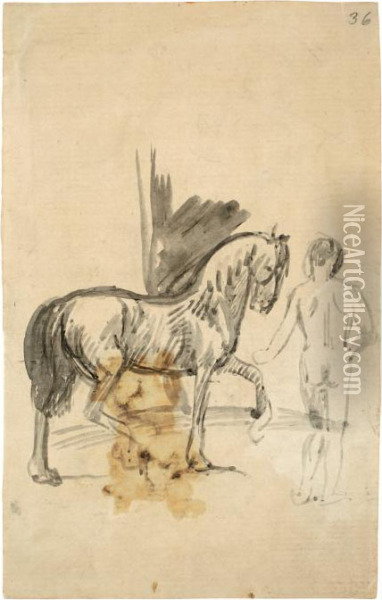Pferd Und Stehender Jungling (ruckenakt) Oil Painting - Hans von Marees