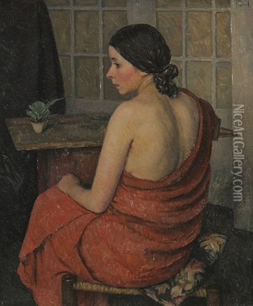 Sitzender Weiblicher Ruckenakt Mit Rotem Tuch Oil Painting - Rudiger Berlit