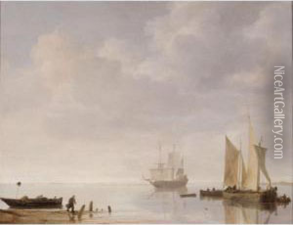 Coastal Scene With Ships Resting On Calm Waters Oil Painting - Simon De Vlieger