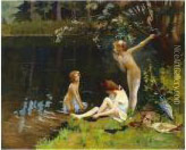 Young Girls Bathing Oil Painting - Gaston Bussiere