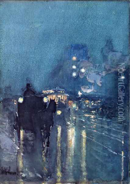 Nocturne, Railway Crossing, Chicago Oil Painting - Frederick Childe Hassam