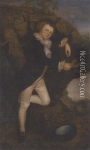 Portrait Of John Wilson, Esq. Of Plumtree Hall And Plumtree Bank, Kendal, In A Blue Coat And White Breeches, Holding A Bird's Nest, A Hat At His Feet, In A Landscape Oil Painting - George Romney