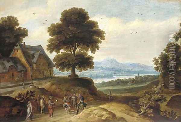 A wooded river landscape with Christ and the Centurion Oil Painting - Lucas Van Uden