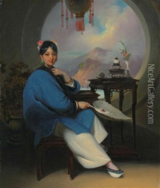 A Chinese Woman Seated, Wearing Flowers In Her Hair, Jade Earrings And Blue Nankeen Dress, Holding A Feather Fan, Before A Circular Window, With A View To A Chinese Coastal Landscape Beyond Oil Painting - George Chinnery