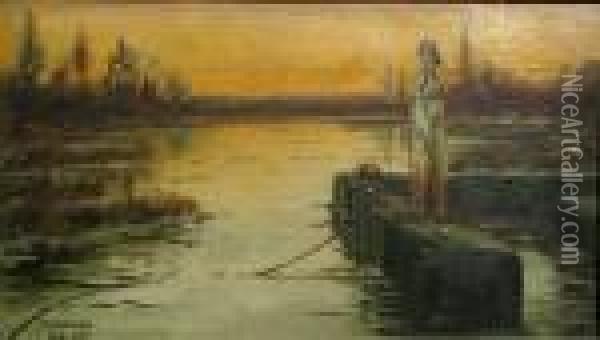 Sunset On A Marsh Oil Painting - Enrique Serra y Auque