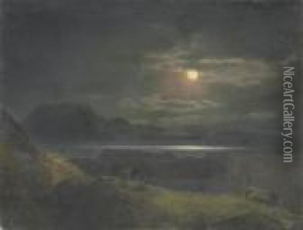Elk In Moonlight Oil Painting - Herman Herzog