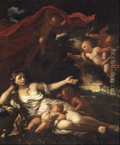 Venus Omgiven Av Amor Och Amoriner Oil Painting - Nicolas Poussin