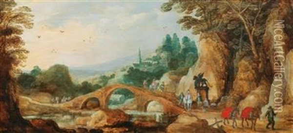 A Rocky Landscape With Riders Near A Bridge Oil Painting - Joos de Momper the Younger