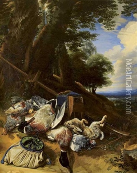 Nature Morte Aux Colverts, Perdreaux Ramiers Et Lievre Dans Un Paysage Panoramique Oil Painting - Pieter Boel