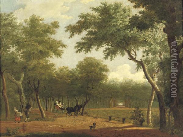 A Wooded Landscape With An Elegant Couple In A Horse-drawn Carriage Oil Painting - Hendrik Keun