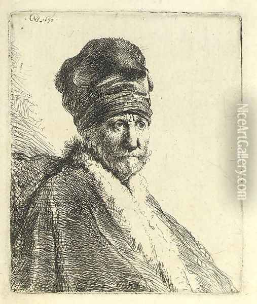 Bust of a Man wearing a High Cap (The Artists Father ) Oil Painting - Rembrandt Van Rijn