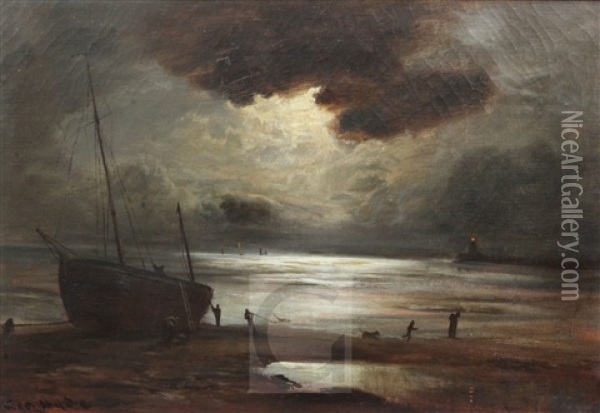 Fishermen Along The Shore Under Moonlight Oil Painting - George Hyde Pownall