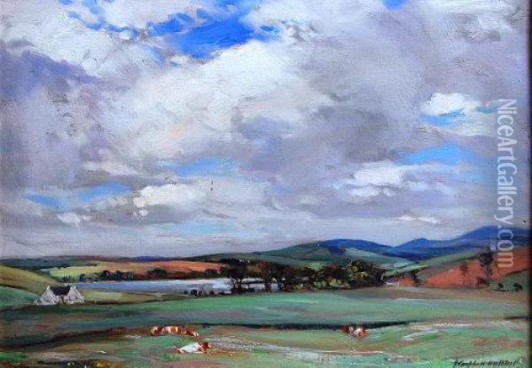 Cattle Grazing In A Scottish Landscape Oil Painting - John Campbell Mitchell