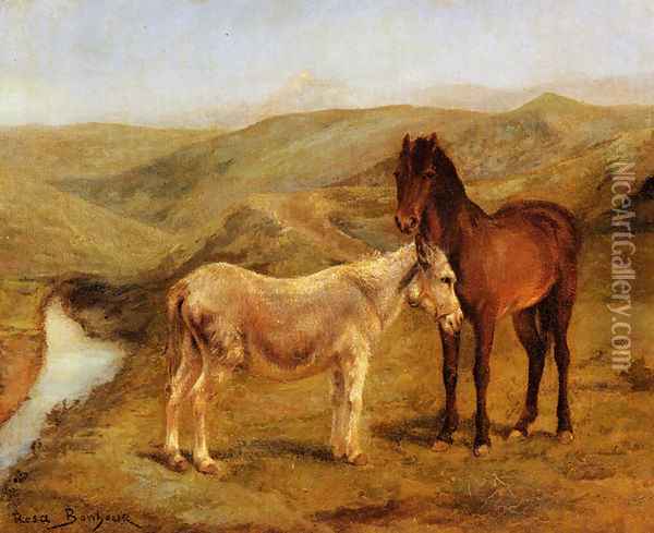 A Horse And Donkey In A Hilly Landscape Oil Painting - Rosa Bonheur