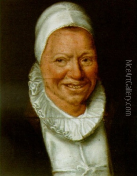 A Portrait Of A Smiling Lady, Wearing A White Bonnet Oil Painting - Lambert Lombard