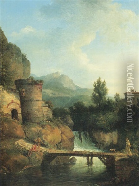 A River Landscape With Fishermen And A Lady With A Dog Crossing A Small Wooden Bridge, A Waterfall And Mountains Beyond Oil Painting - Jean Victor Bertin