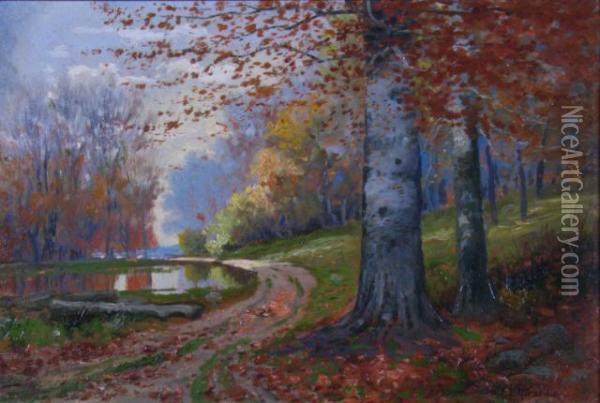 Autumn Landscape With Road And Pond Oil Painting - Frank J. Girardin