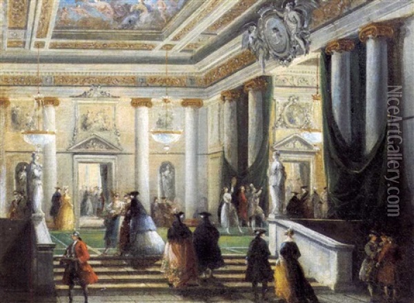 Signore Al Bagno In Una Villa Sul Lago (+ Il Foyer Della Fenice; 2 Works) Oil Painting - Giuseppe Bernardino Bison