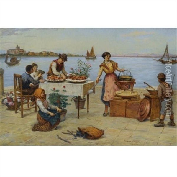 Repast By The Canal, Venice Oil Painting - Antonio Ermolao Paoletti