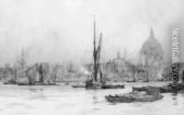 Barges On The Thames Before St. Paul's Cathedral Oil Painting - Charles Edward Dixon