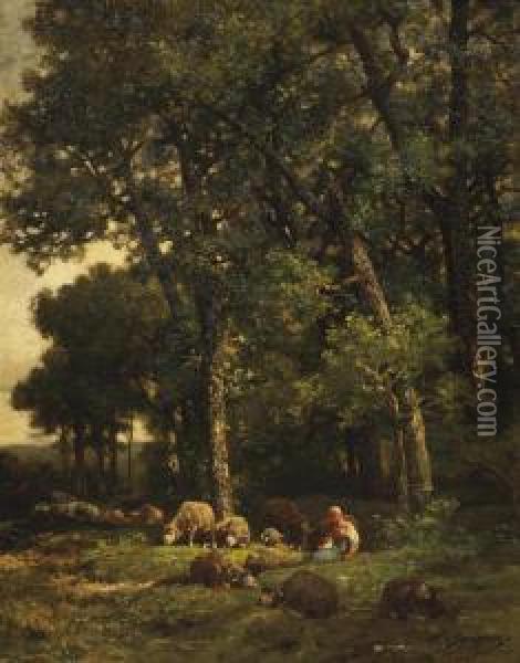 A Shepherdess With Her Flock In The Woods Oil Painting - Charles Emile Jacque