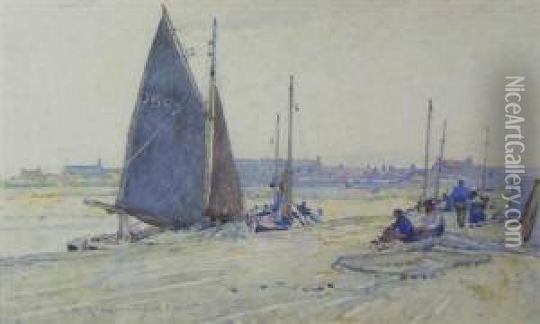 Fishermen Working On Their Nets Oil Painting - Robert Mcgown Coventry