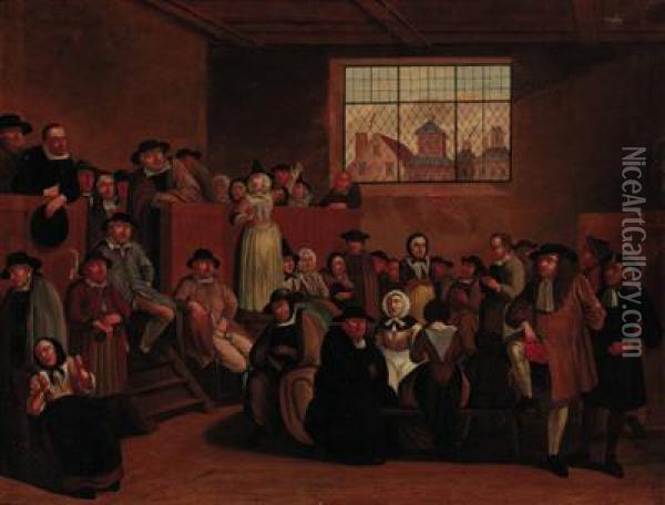 A Quaker Meeting Oil Painting - Egbert Ii Van Heemskerck