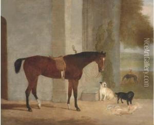 A Dark Brown Horse Tethered To An Arch With Dogs In Alandscape Oil Painting - George Morley