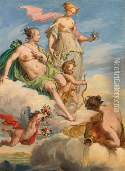 Two Goddesses And A Personification Of A River: A Study For A Ceiling Oil Painting - Felice Giani