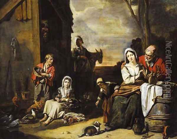 A peasant family in a yard Oil Painting - Abraham Willemsens
