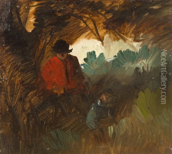 Waldinneres Mit Bauernpaar In Rot Und Blau Oil Painting - Wilhelm Busch