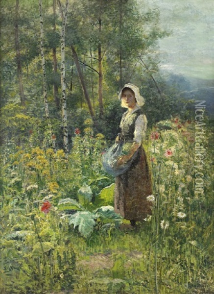 Girl Picking Flowers Oil Painting - Jean Beauduin