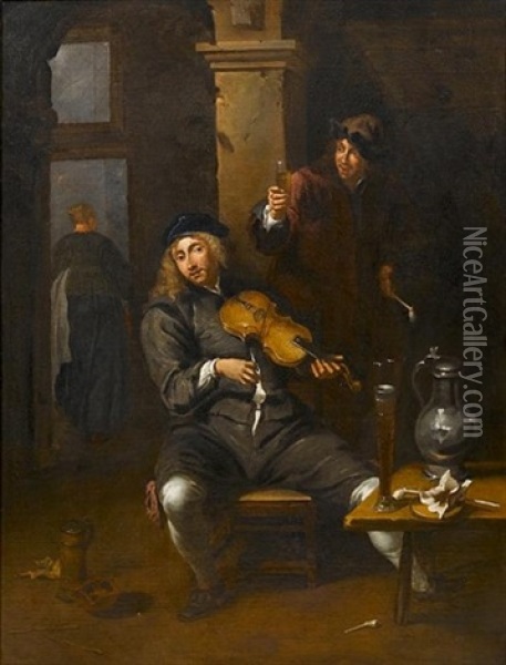 An Interior With A Young Man Playing A Violin And Another Raising A Glass Of Wine Oil Painting - Willem van Herp the Elder