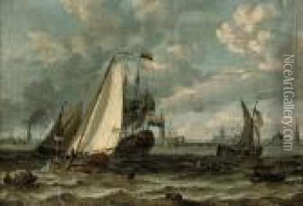 A Dutch Man-o'war And Other Shipping On A Blustery Day Oil Painting - Abraham Storck