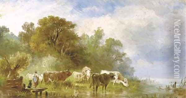 Cattle by the waterside Oil Painting - Albert Jurardus van Prooijen