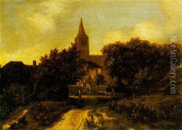 Landscape With Figures Near A Church Oil Painting - Meindert Hobbema
