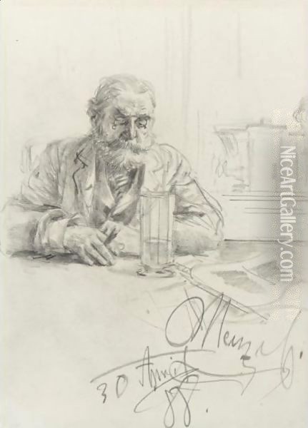 An Elderly Bearded Man Seated In A Cafe Oil Painting - Adolph von Menzel