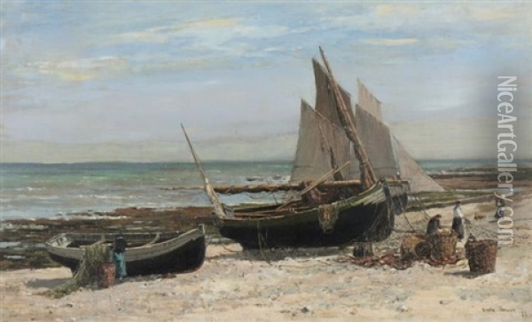 French Beach Scene With Fishing Boats And Woman Mending The Nets Oil Painting - Emile Louis Vernier