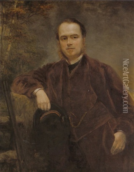 Portrait Of Sir Charles Du Cane Wearing A Brown Coat, His Gun At His Side Oil Painting - Henry Richard Graves